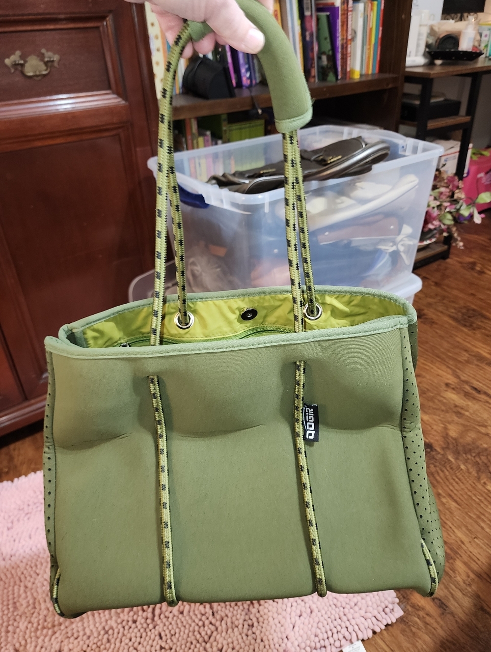 QoGir Olive Green Padded Tote Bag with Rope Handles Expandable Bag/ Tote